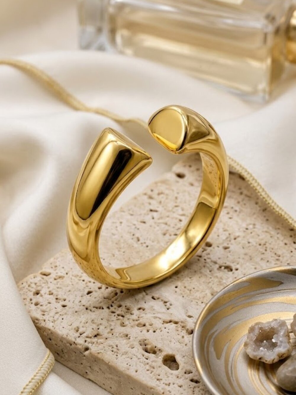 18K Gold Plated 316L Stainless Steel Dome Open Cuff Ring Adjustable Clean Girl